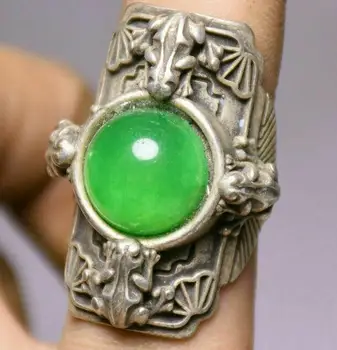 3 CM Označena Redke Stare Kitajske Srebro podolgovat Green Jade Dynasty Palace žaba Strani Obroč